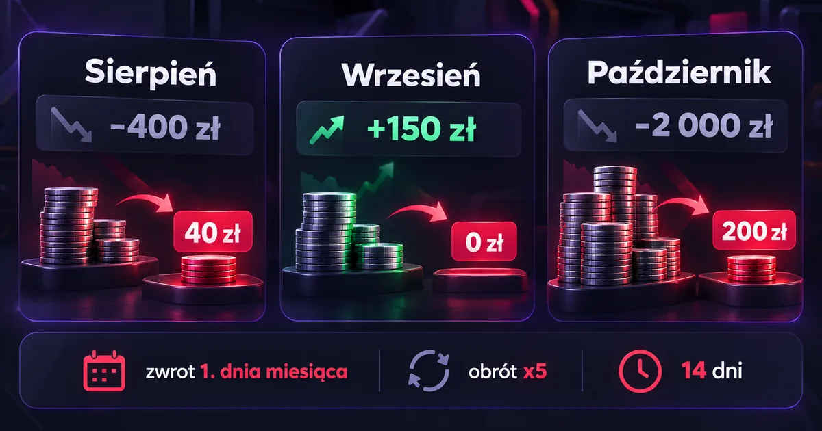 Cashback 10% w Vavada na przykładzie trzech miesięcy: 40 zł, 0 zł i 200 zł zwrotu